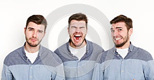 Set of young man different emotions at white studio background