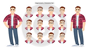 Set of young man with different facial expressions. Trendy emotional person expressing various emoji emotions.