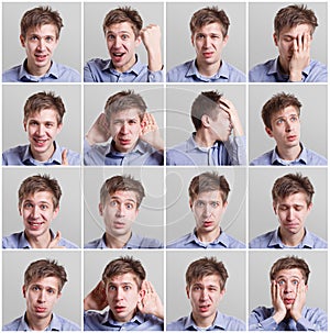 Set of young man`s portraits with different emotions