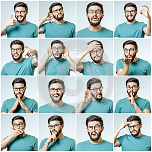 Set of young man`s portraits with different emotions