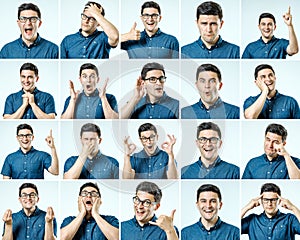 Set of young man`s portraits with different emotions and gesture