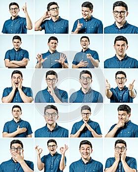 Set of young man`s portraits with different emotions and gesture