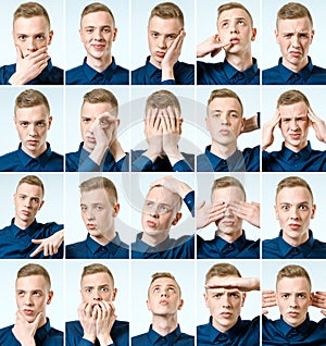 Set of young man`s portraits with different emotions and gesture