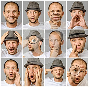 Set of young man`s portraits with different emotions and gestures