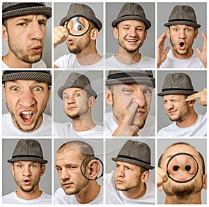 Set of young man`s portraits with different emotions and gestures