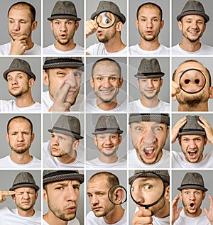 Set of young man`s portraits with different emotions and gestures