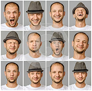 Set of young man`s portraits with different emotions and gestures