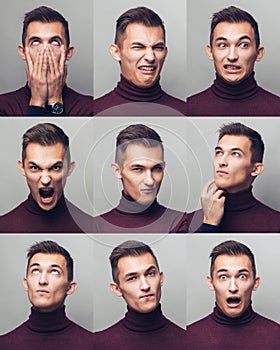 Set of young man`s portraits with different emotions and gestures