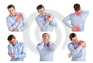Set with young man suffering from pain in different parts of body