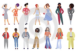 Set of young men and women wearing retro disco party clothes in 60s, 70s 80s style isolated on white background vector