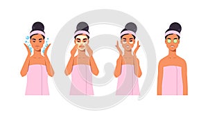 set young woman applying makeup dressed in towel girl cleaning and care her face skincare spa relax facial treatment