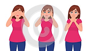 Set of young woman closing/covering her eyes, ears and mouth like the three wise monkeys. Do not see, hear and speak concept.