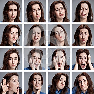 Set of young woman's portraits with different emotions