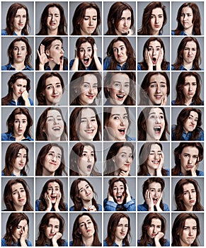 Set of young woman's portraits with different emotions