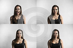 Set of young woman`s portraits with different emotions. Young beautiful cute girl showing different emotions. Laughing