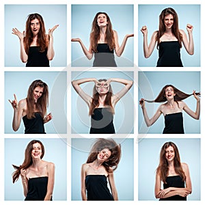 Set of young woman`s portraits with different happy emotions