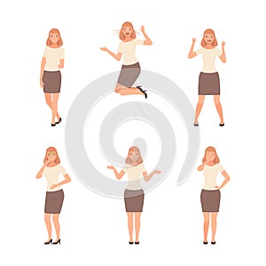 Set of young woman showing various emotions and gestures. Girl expressing positive and negative feelings and gesturing