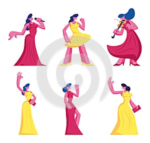 Set of Young Women in Beautiful Dresses Isolated on White Background. Female Character Perform on Stage with Microphone