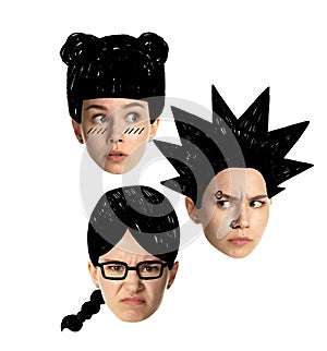 Set of young women faces, human heads with funny drawn haircuts, hairdo. Curly and straight, quads, bob or pank and