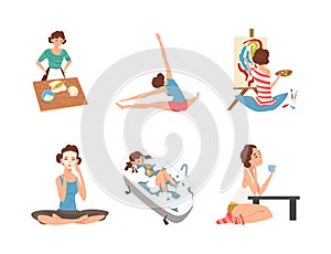 Set of young women performing leisure activities and doing hobbies set. Girl taking bath, painting, reading book, baking