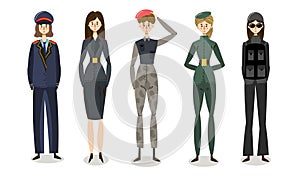 Set of young women soldiers in combat uniforms. Vector illustration in flat cartoon style.