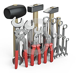 A set of your locksmith tools - ax, chisel, chisel, pliers, mallet, hammer, screwdriver, wrench, saw and wire cutters