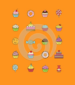 A set of yummy flat outlined icon vector illustrations of various kinds of sweets and desserts. It includes donuts