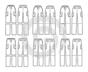 Set of Zip-off convertible pants technical fashion illustration with normal low waist, high rise, box jetted pockets