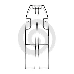 Set of Zip-off convertible pants technical fashion illustration with normal waist, high rise, box cargo jetted pockets