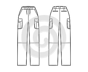Set of Zip-off convertible pants technical fashion illustration with normal waist, high rise, box cargo jetted pockets photo