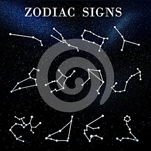 Set with zodiac constellations against night sky with stars