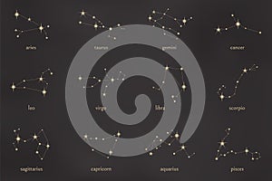 Set of zodiac constellations. Aries, taurus, gemini, cancer, leo, virgo, libra, scorpio, sagittarius, capricorn