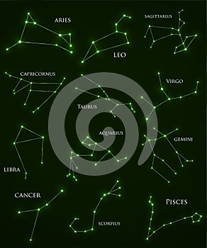 Set of zodiac constellations. Horoscope set Aries, Leo, Sagitarius, Capricorn, Taurus, Virgo, Libra, Aquarius, Gemini
