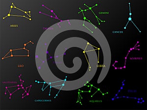 Set of zodiac constellations. Horoscope set: Aries, Leo, Sagitarius, Capricorn, Taurus, Virgo, Libra, Aquarius, Gemini, Cancer,