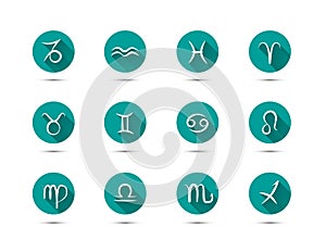 Set of zodiac flat icons with long shadow on green background