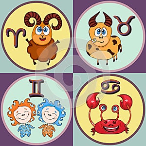 Set zodiac sign cartoon, Aries, Taurus, Gemini, Cancer. Painted funny astrological characters and symbols in a round frame multico