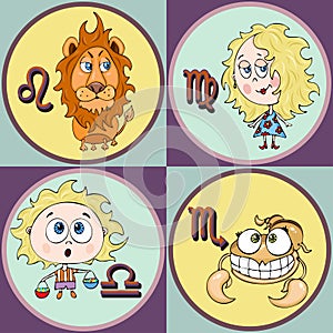 Set zodiac sign cartoon, Leo, Virgo, Libra, Scorpio. Painted funny astrological characters and symbols in a round frame multicolor