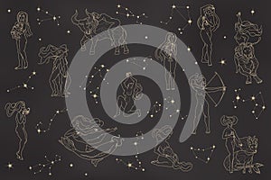 Set zodiac signs as girls on black gradient background. Light outline femine women and zodiac constellations. Astrology photo