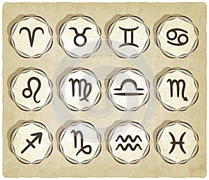 Set of zodiac signs on retro background