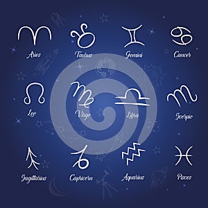 Set of zodiac signs on starry night background