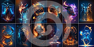 Set of zodiac signs. Twelve signs of zodiac created with Generative AI technology