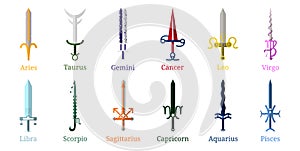 Set of 12 Zodiac Swords isolated on white background. Zodiacal Weapon Collection. Zodiac Sign. Flat Cartoon Zodiacal Weapon.