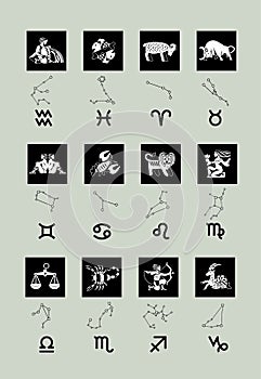 Set of zodiac symbols, signs and constellations in black and white