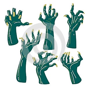 A set of zombie hands in retro style with highlights on a white background. An isolated collection of rotten blue hands