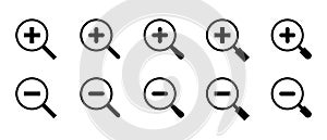 Set of zoom icon vector. Magnifying glass with plus and minus sign symbol