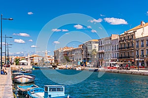 SETE, FRANCE - SEPTEMBER 10, 2017: View of the royal canal in Sete. Copy space for text.