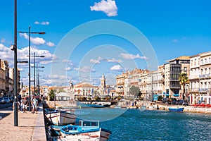 SETE, FRANCE - SEPTEMBER 10, 2017: View of the royal canal in Sete. Copy space for text.