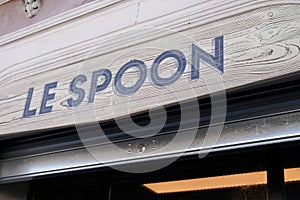 Sete , ocitanie France  - 06 30 2021 : le Spoon sign brand and logo text on bar of tv french series movies flagship places of