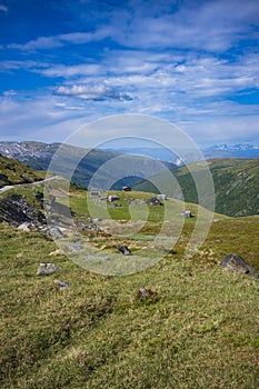 Seter mountain farm landscape along Aurlandsfjellet scenic route near Kvignadal, Norway