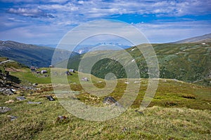 Seter mountain farm landscape along Aurlandsfjellet scenic route near Kvignadal, Norway